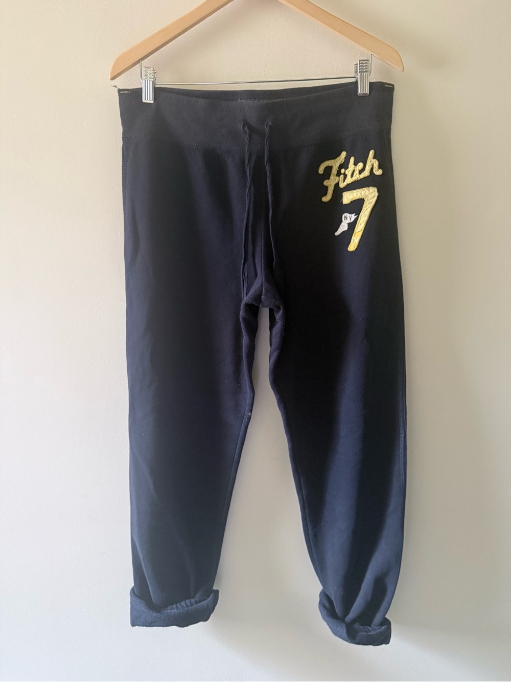 Y2K Abercrombie & Fitch Jogger Cropped Sweat Pants Navy Blue Embroidered Patch L